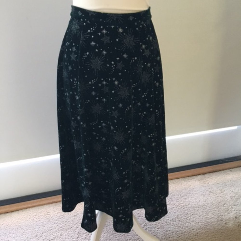Collectif dark green velvet midi skirt with silver stars Christmas Holiday